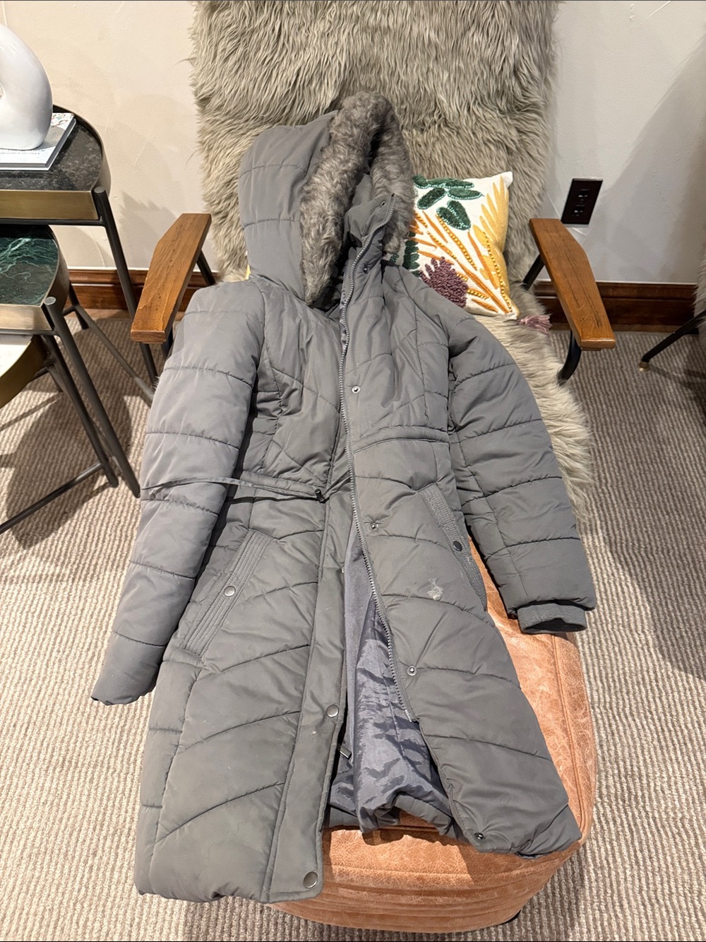 Target Women's Gray Quilted Long Puffer Coat with Faux Fur Hood